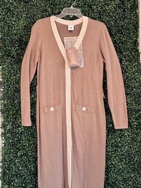 CAbi Taupe Cardigan with Cream Trim